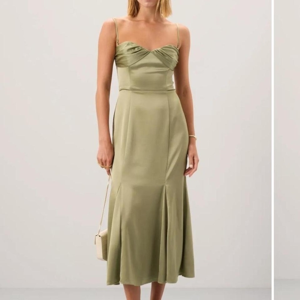 Reformation Sage Green Satin Midi Dress Size 2 ✨ Ruched Bust Slip